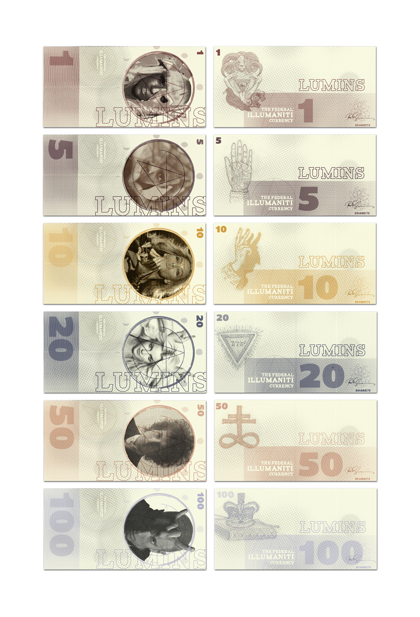 The currency employs symbolic imagery associated with secret societies and religious iconography to establish a conceptual theme. Limited color palettes, large typographic elements, and geometric overlays create a clean and restrained aesthetic. The consistent placement of imagery and denomination information helps maintain cohesion across the entire series.
