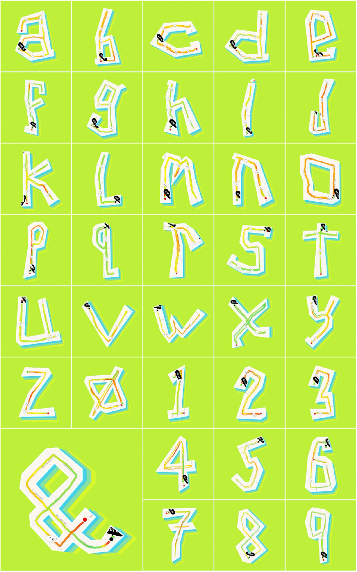 Experimental typographic alphabet constructed from GPS running routes, transforming mapped paths into letterforms and numerals.