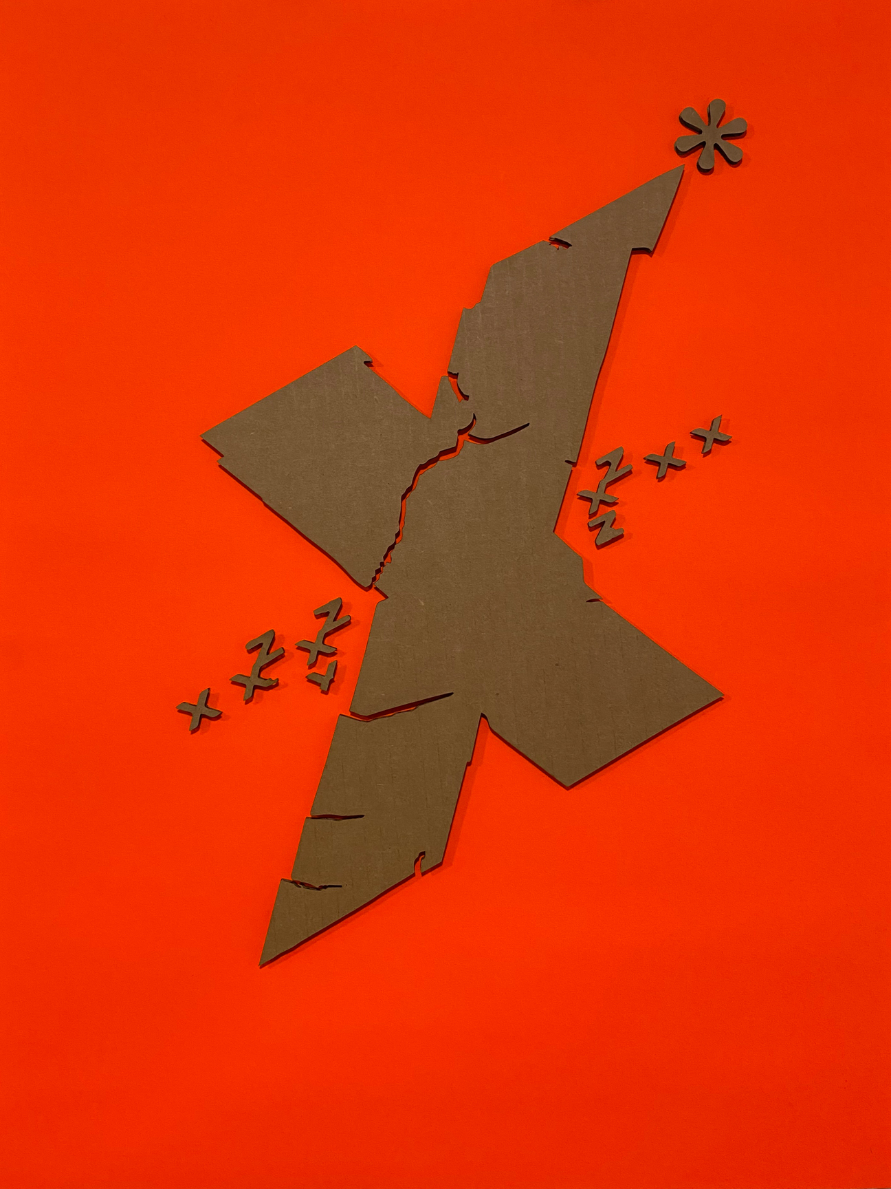 Abstract composition built around an angular X-shaped form, using fracture lines and repeated symbols to suggest tension and movement.
