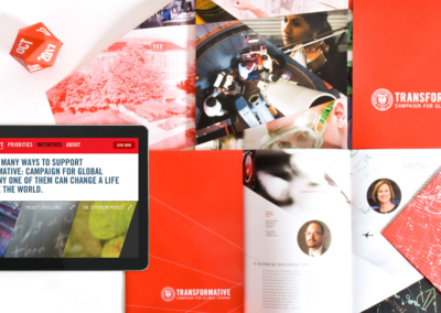 Campaign materials including website, brochures, print pieces, and branded collateral for a university fundraising campaign.